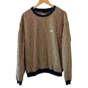 MENS STUSSY Blue & Yellow Knit Crew Neck Striped Pullover Sweater XL